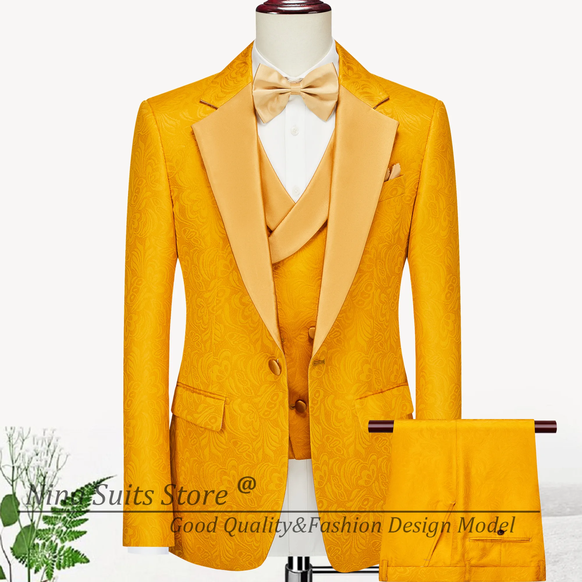 Gwenhwyfar 2027 Orange Jacquard Men Suits Tailor-made Single Brested Notch lapel Blazer 5 buttons Vest Slim Pants Groom Costume