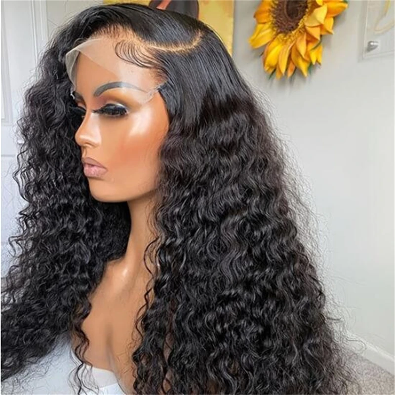 Soft Natural Black Color Glueless 26“Long 180Density Kinky Curly Lace Front Wig For Women With BabyHair Preplucked Daily Cosplay