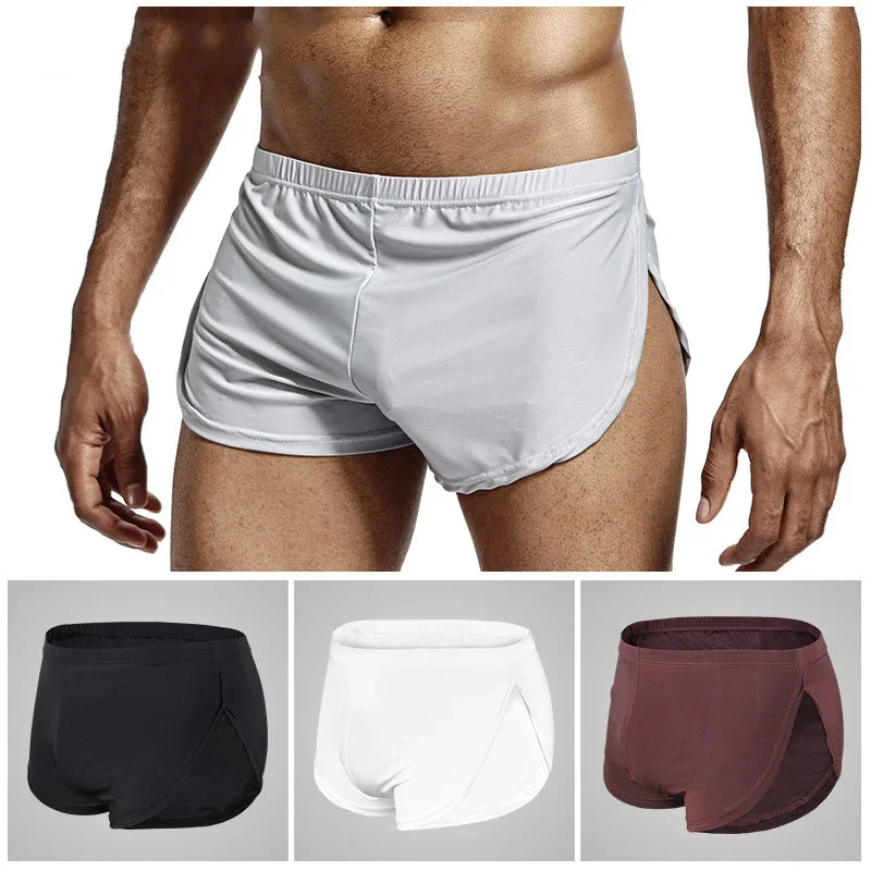 Calça Aro masculina de seda gelada, ajuste solto, respirável, sem costura, boxer com botão dividido – roupa íntima confortável para homens