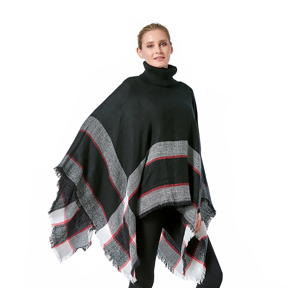 

Women Spring Autumn Shawl Lady Knitted Wrap Plaid Pullover Cloak Loose Turtleneck Sweater Fall Poncho Wholesale Drop Shipping