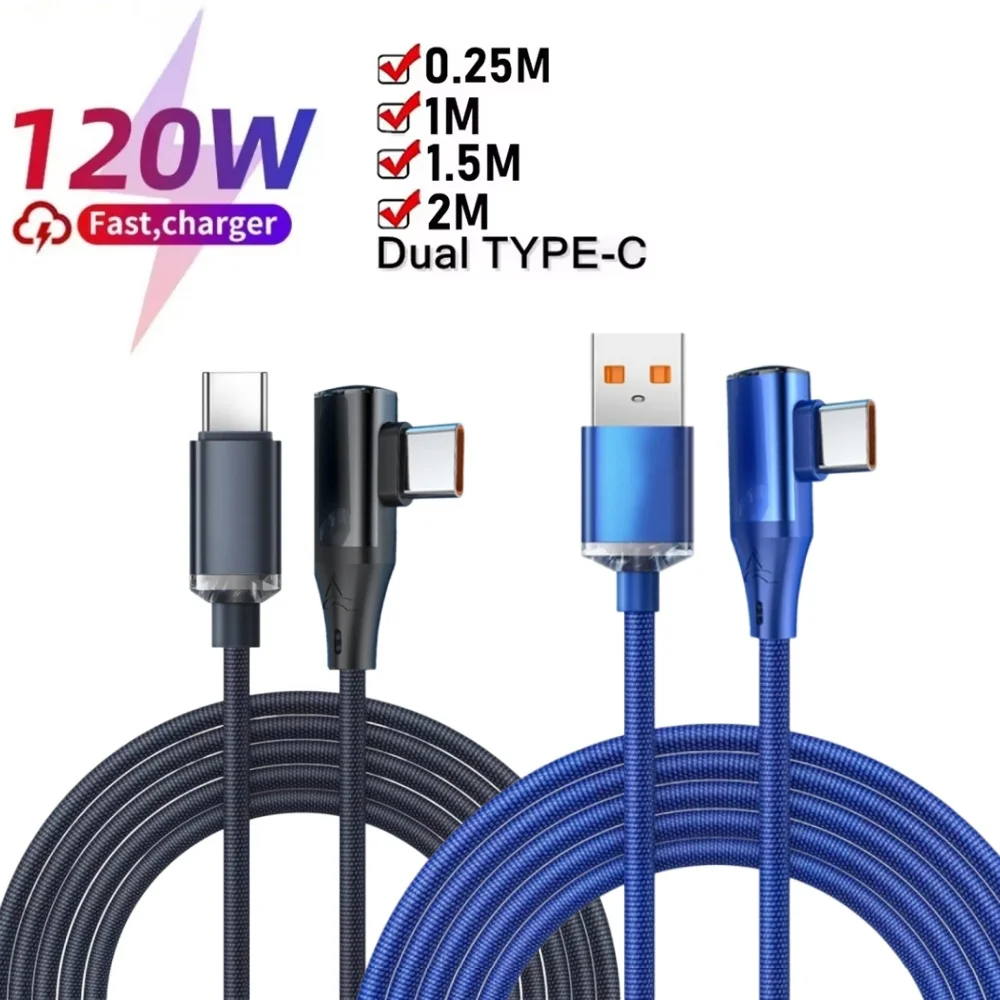 120W 6A Right Angle Type C Cable PD Fast Charging Nylon Braided 480Mbps Data Cord USB-A/C to C For Samsung Xiaomi Huawei Gaming