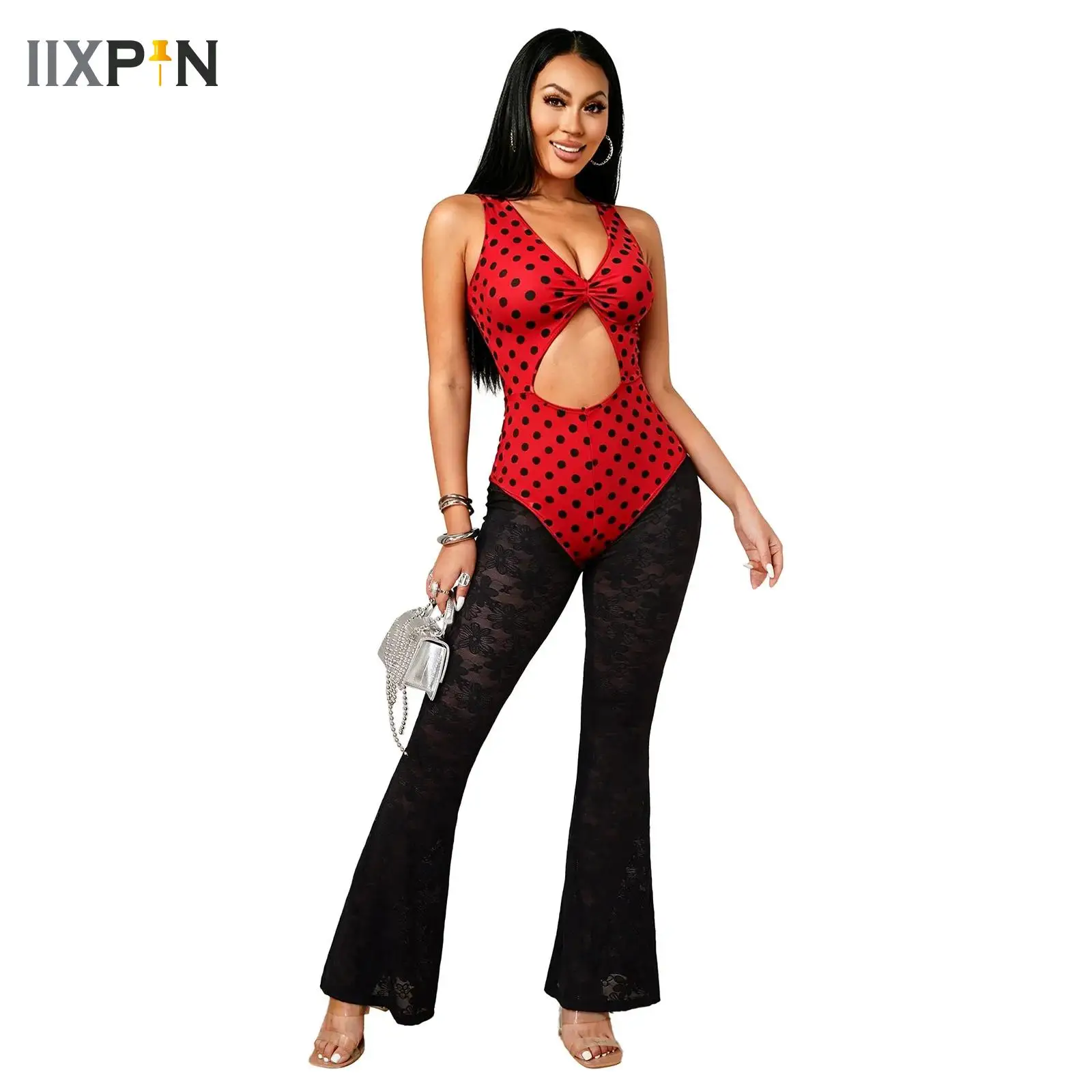Women Polka Dot Lace Patchwork Jumpsuit V-neck Sleeveless Cutout One-Piece Bell-Bottom Bodysuit for Club Vacation Party Slim Fit
