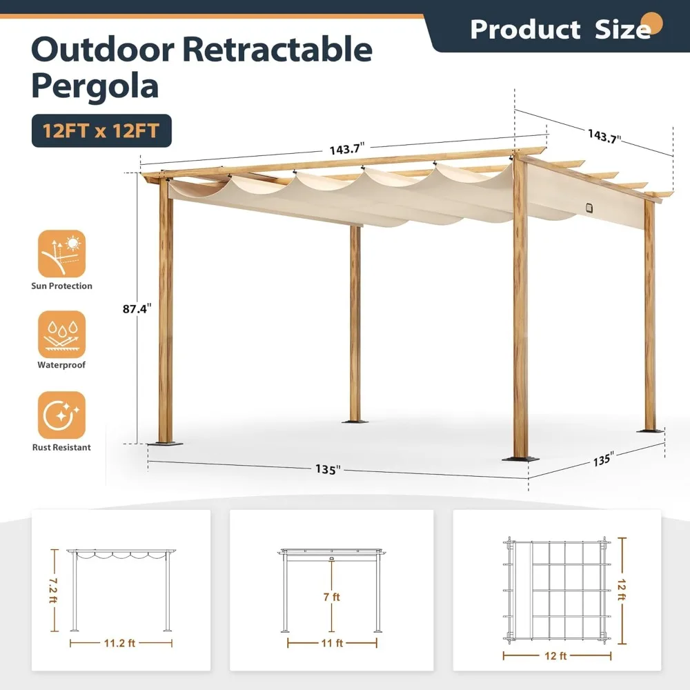 ' Retractable Pergola Canopy for Backyard, Garden, Patio; Woodgrain-Look Aluminum Pergola with Retractable Cano