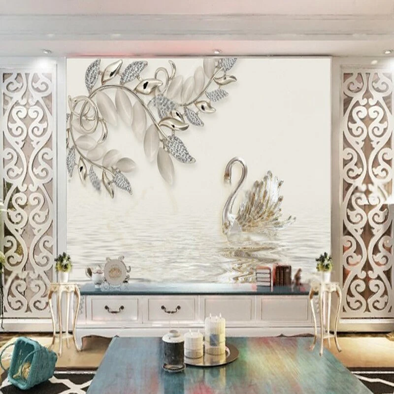Simple and modern 3d exquisite jewelry diamond branches and leaves gilded swan TV luxurious home sofa background wall painting