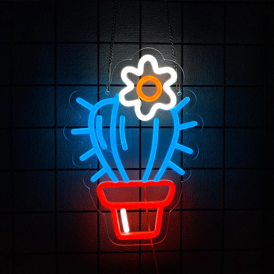 Cactus Neon Sign Potted Neon Light Cactus With a Flower LED Light Sign Plant Sign Houseplant Decoration Neon Aesthetic Decor