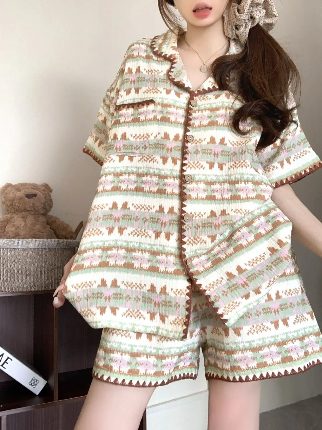 Kawaii Pajamas for Women Summer Clothes Pyjamas Shorts Short Sleeve Sleepwear Cloud Cotton Nightie Student Nightwear Home Wear