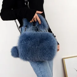 Women's New Fashion Fur Handbag Fox Fur Temperament Ladies Small Square Bag Solid Color Design Large Capacity Simple Handbag