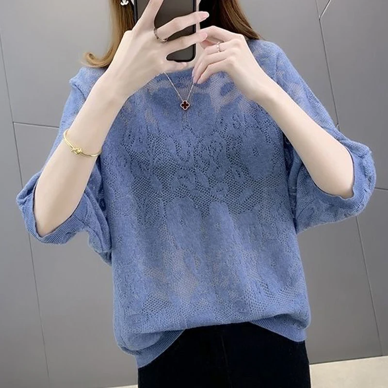 Women\'s Clothing Korean Fashion Sexy Hollow Solid Color Thin Knitwear Spring Summer Casual Round Neck Half Sleeve Pullover Tops