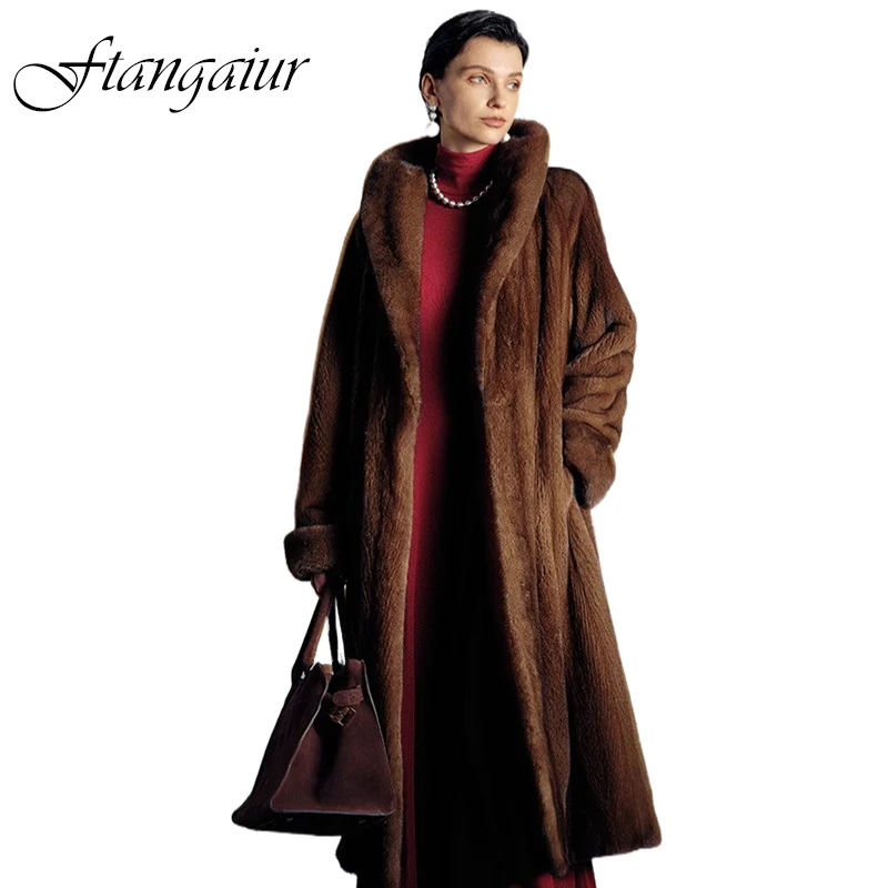 Ftangaiur Winter Import Velvet Mink Fur Coat With Fur Hood Full Sleeve Loose Mink Coat Women X-Long Natural Real Mink Fur Coats