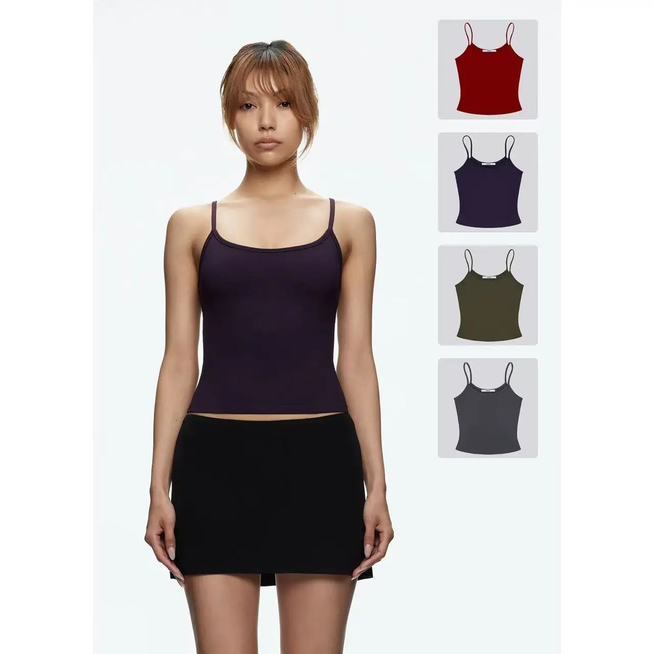 Tank Cherry Red Halter Top, Olive Green, Purple, and Gray Short Top, Basic, Versatile, High Elasticity, Skin-Hugging