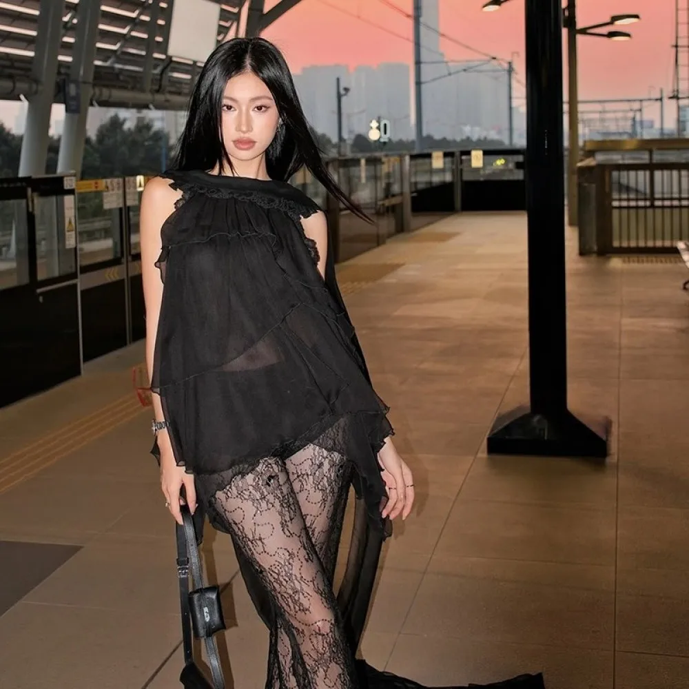 SylCue-Conjunto de 2 piezas de encaje Sexy para mujer, Tops holgados transparentes con cuello Halter y pantalón largo bordado de cintura alta, trajes de moda urbana