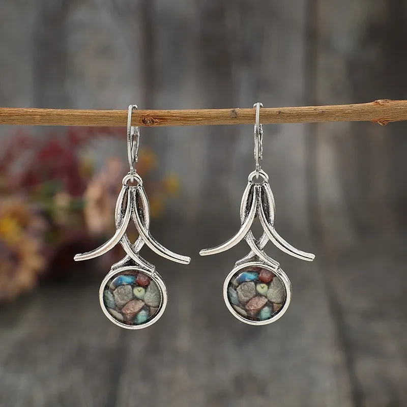 Ethnic Silver Color Round Paste Multicolour Stones Earrings Vintage Metal Geometry Dangle Earrings for Women Jewelry