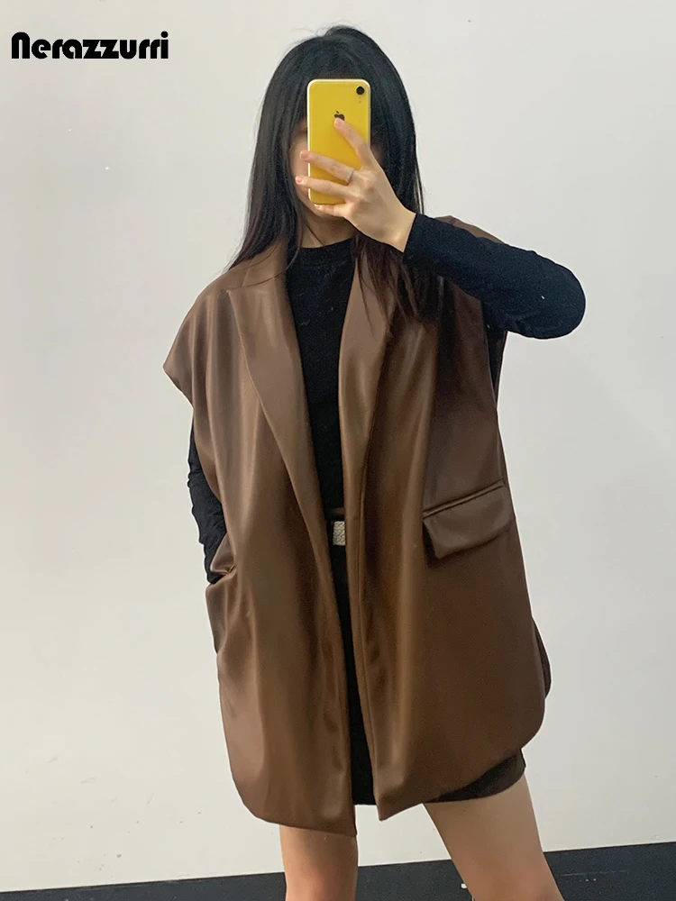 Nerazzurri Spring Autumn Oversized Luxury Elegant Chic Brown Soft Pu Leather Blazer Women Loose Casual Sleeveless Jacket 2023