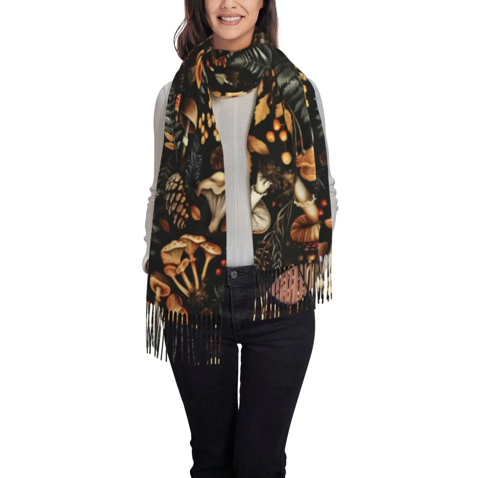 Vintage Forest Mushroom Fern Print Tassel Scarf for Women, Soft Thick Winter Warm Shawl Wrap, Nature Botanical Outerwear