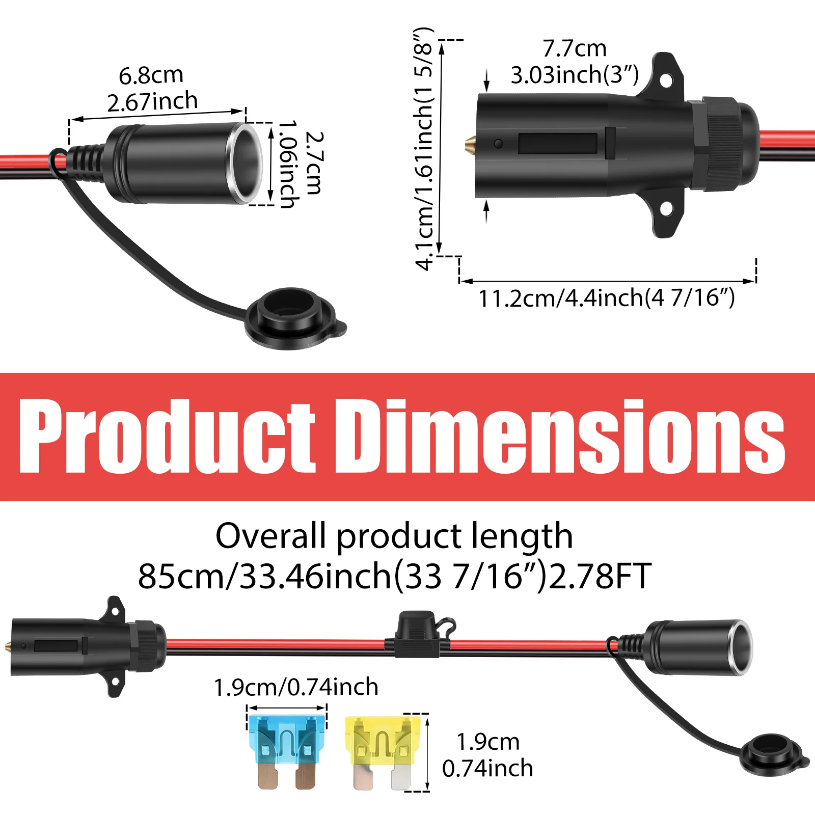 7 Way Trailer Plug to 12V Cigarette Lighter Socket Adapter 10AWG Cable with Fuse IP68 Waterproof for RV Truck Camper Fridge DIY