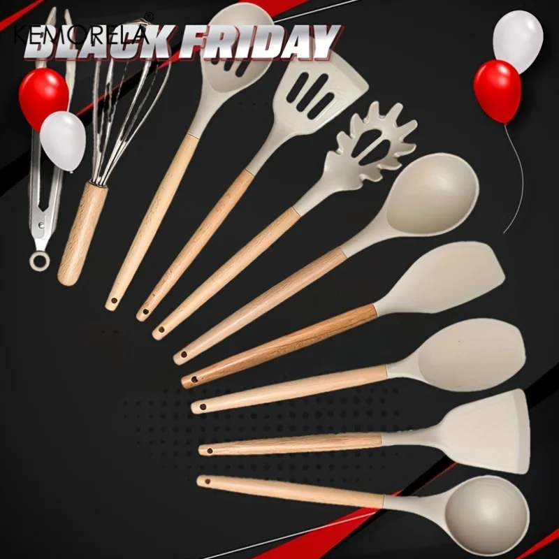 

KEMORELA 10PC Silicone Cooking Utensils Set Non-Stick Heat Resistant with Wooden Handles Spatula Turner Spoon Tong Whisk