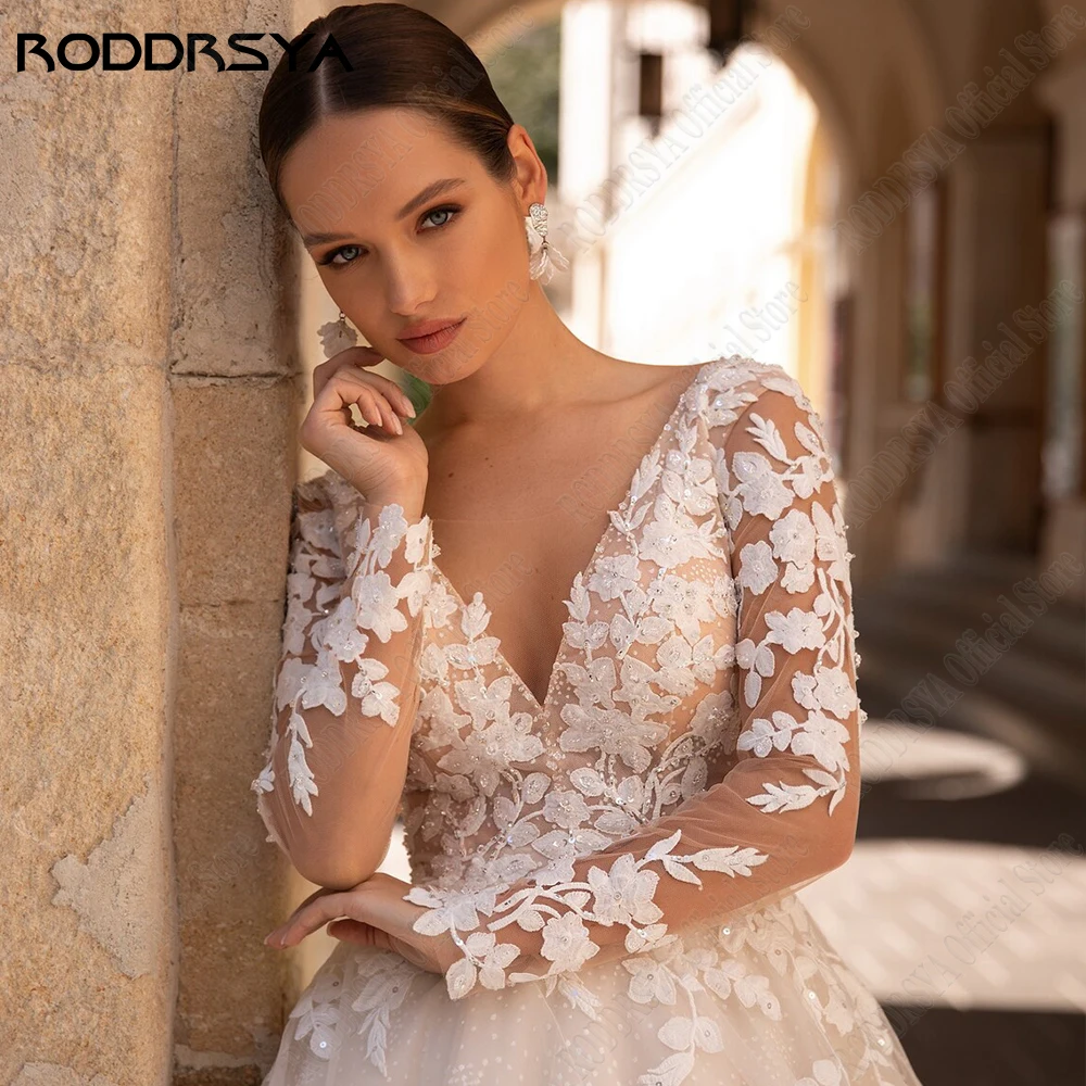 RODDRSYA Exquisite Wedding Dresses Long Sleeves Sexy Backless Bride Gowns Applique Princess Tulle A-Line vestidos de novia