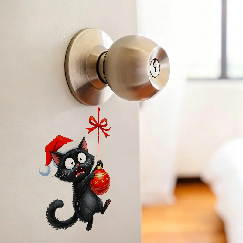 1pc Christmas Black Cat Themed Door & Wall Sticker, printed with black cat in Santa hat, Christmas bauble and red bow
