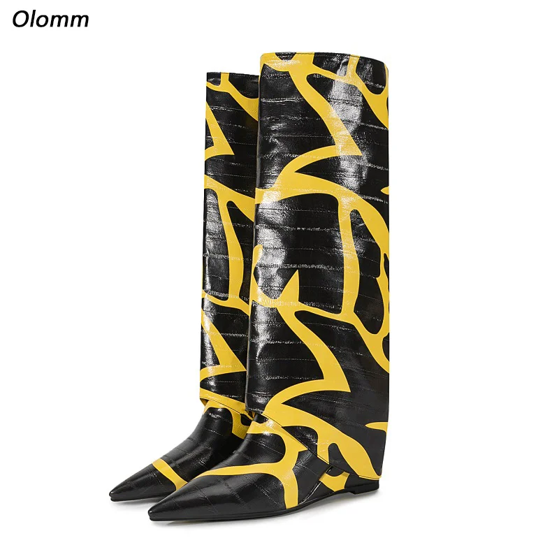 Olomm Women Winter Knee High Boots Sexy Wedges Heels Pointed Toe Pretty Black Party Shoes Plus US Size 5-13