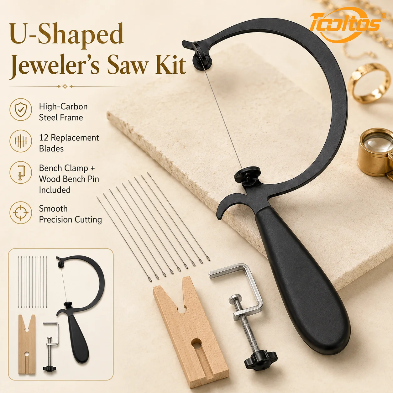 TOOLTOS Jewelry Saw Frame Kit with 12 Blades U Shaped Jeweler's Saw Wooden Bench Pin Clamp for Gold Silver Wax Wood Precision Cutting