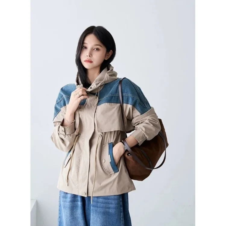 

Korean Sle Early Spring Faionable Casual Denim Patchwork Hooded Jaet Top Women's Windproof Long Sve Mid-Length Coat