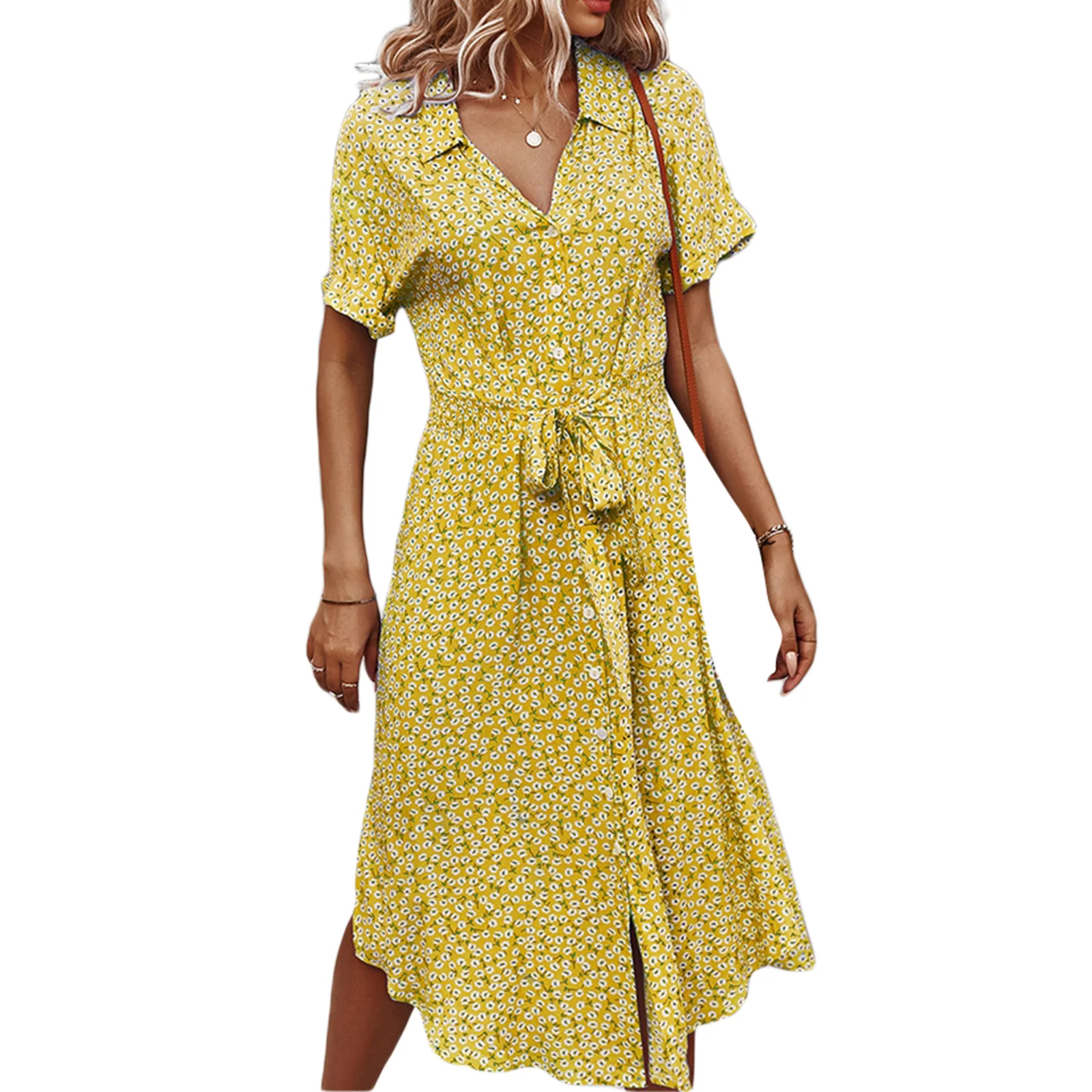 

Women s Floral Print Belted Shirt Dress Loose Short Sleeve Button Down Midi Dress V Neck Boho Swing Shirt Dresses