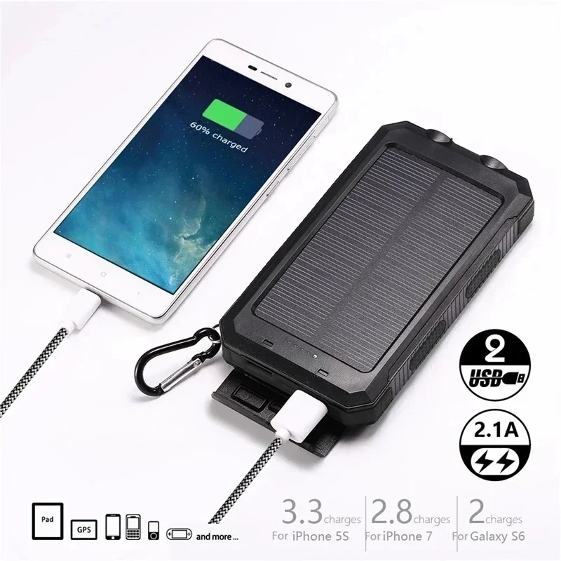 50000mAh Solar Power Bank Waterproof Portable Charger Digital Display External Battery 2 USB LED for Xiaomi Samsung IPhone