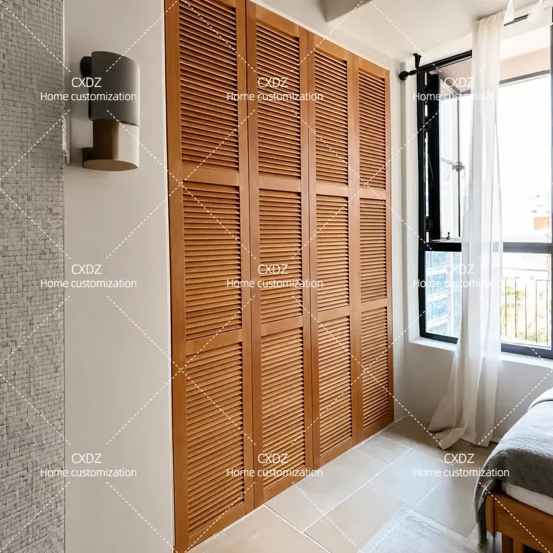 Solid Wood Louver Door Custom Ventilation Grille for Cloakroom Bamboo Shading Balcony Window Partition Folding Door