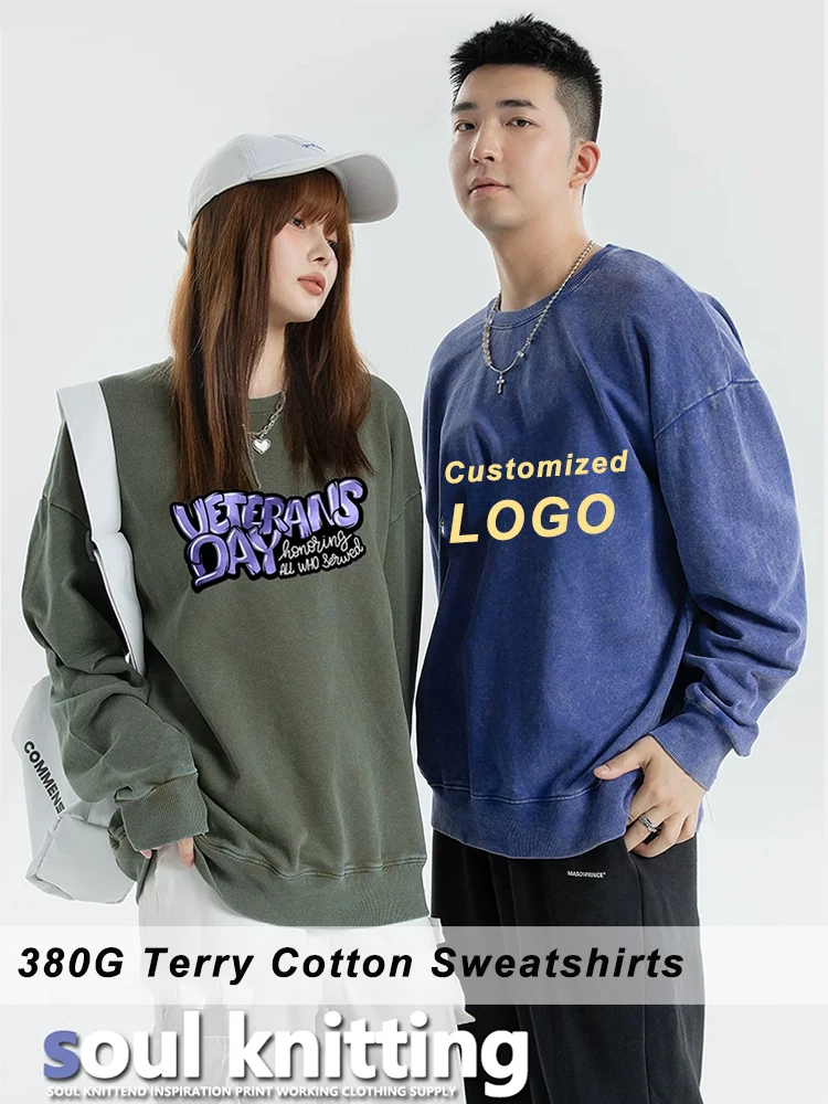 380G Heavy Cotton Washed Sweatshirts Men O-Neck Pullover Terry Hoodie Unisex Y2K Clothes Oversized Sweat Tops Logo Customized