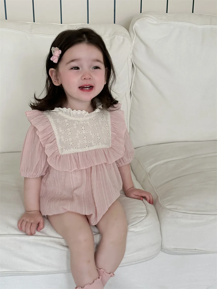 2024 Summer New Baby Short Sleeve Bodysuit Thin Solid Infant Girl Cute Lace Collar Sweet Princess Jumpsuit Newborn Clothes 0-24M