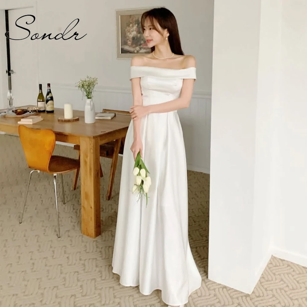 Sondr Boat Neck Korean Evening Party Dresses Customized Satin Simple Wedding Snap Dress Elegant Prom Dress Bridal Reception Gown