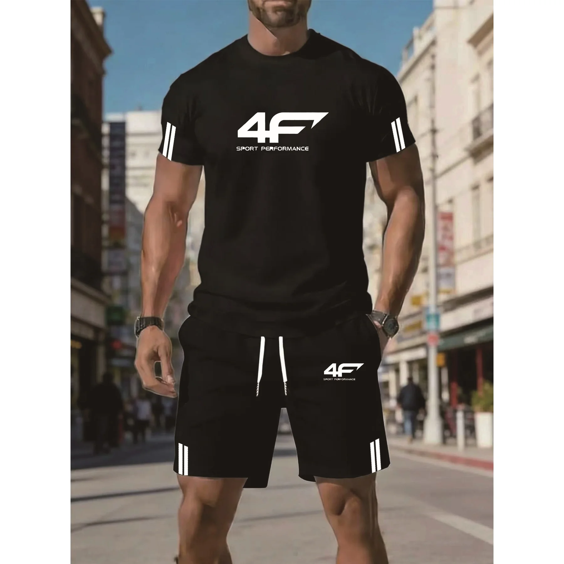 Sports Casual 2-Piece Sets Pattern Printed Mesh Breathable Short-Sleeved T-Shirt + Shorts Sets Jogging Running Sets Men Summer