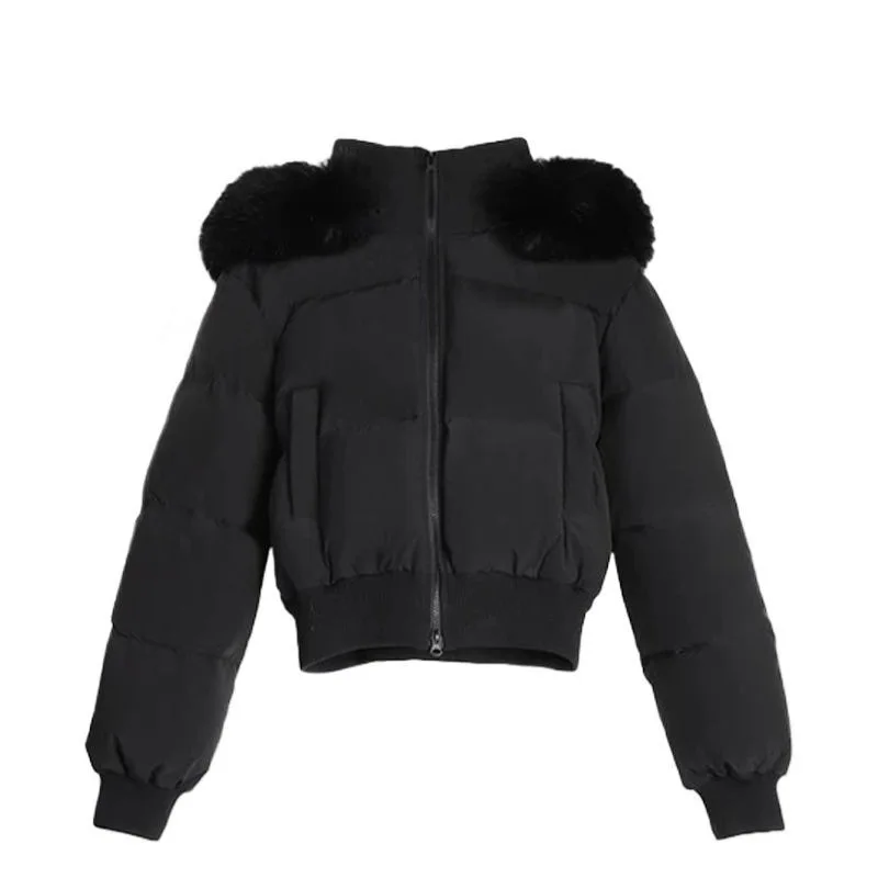 Women Parkas Fur Collar Hooded Short Jackets Casual Pockets Zipper Coats Lady Long Sleeve Solid Thick Warm Tight Waist Jacket