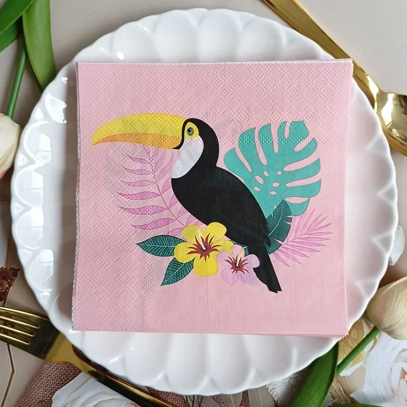 20pcs 2Layer 33cm Pink Plant Parrot Napkins Cartoon Parrot Flowers Pink Party Table Decoration Paper DIY Decoupage Paper