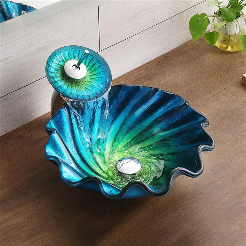 Tempered glass gradient blue-green washbasin,skirt design countertop basin,all copper waterfall faucet design washbasin GN009SK