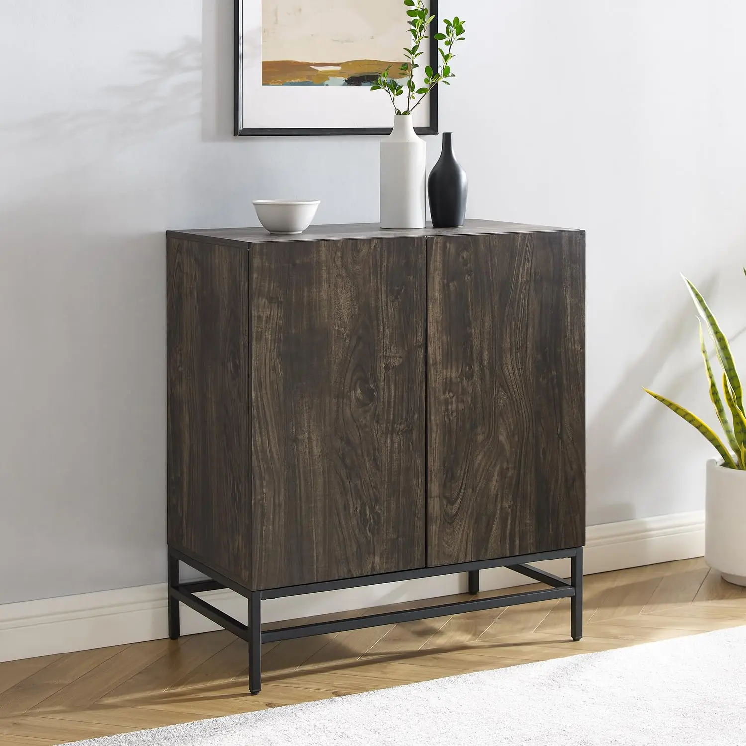 Modern Bar Cabinet with Wine Rack - Wood & Metal Rectangular Home Bar - Adjustable Shelves - 31.5