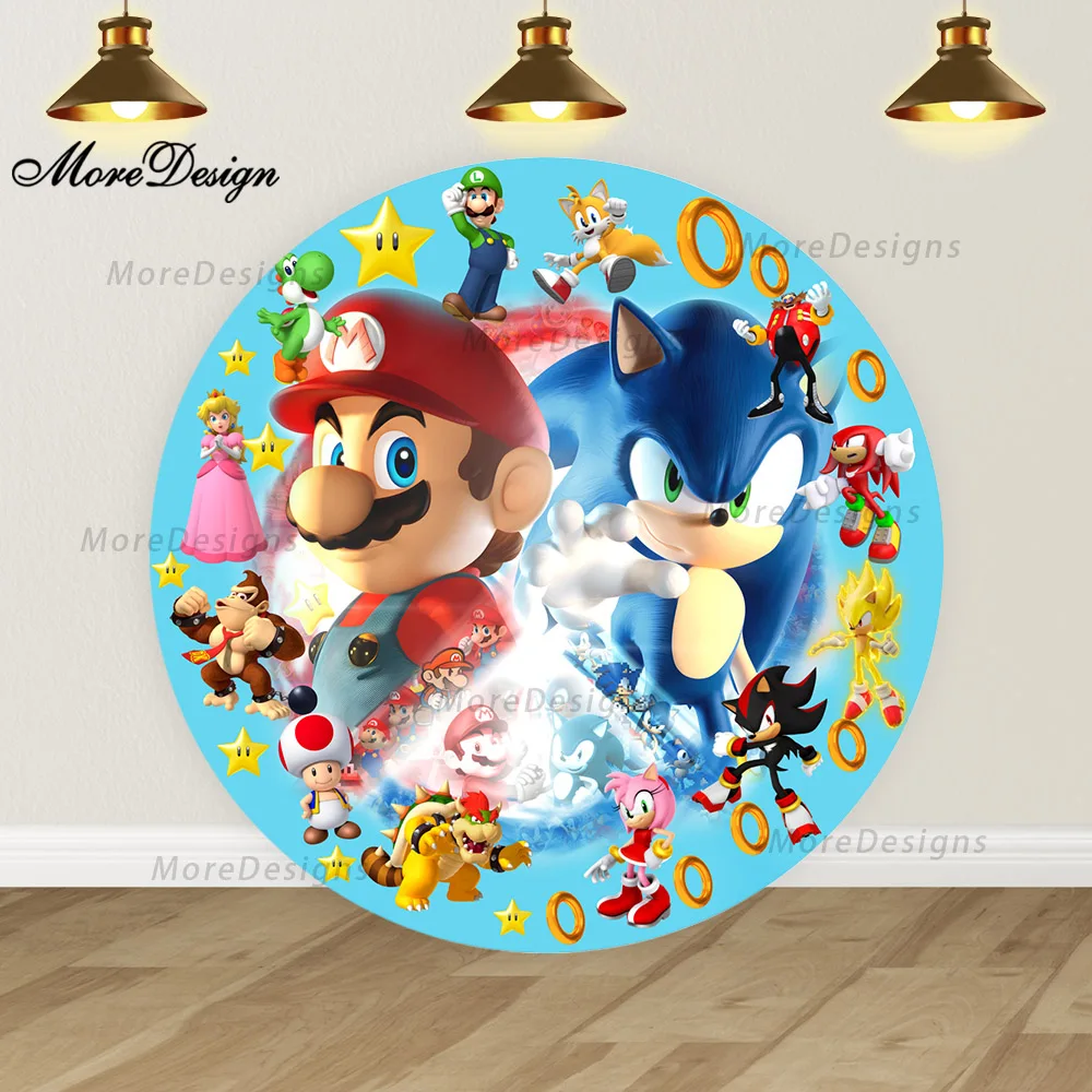 Super Mario and Sonic Round Backdrop Kids Birthday Party Circle Covers Baby Shower Cylinder Covers Photography Background