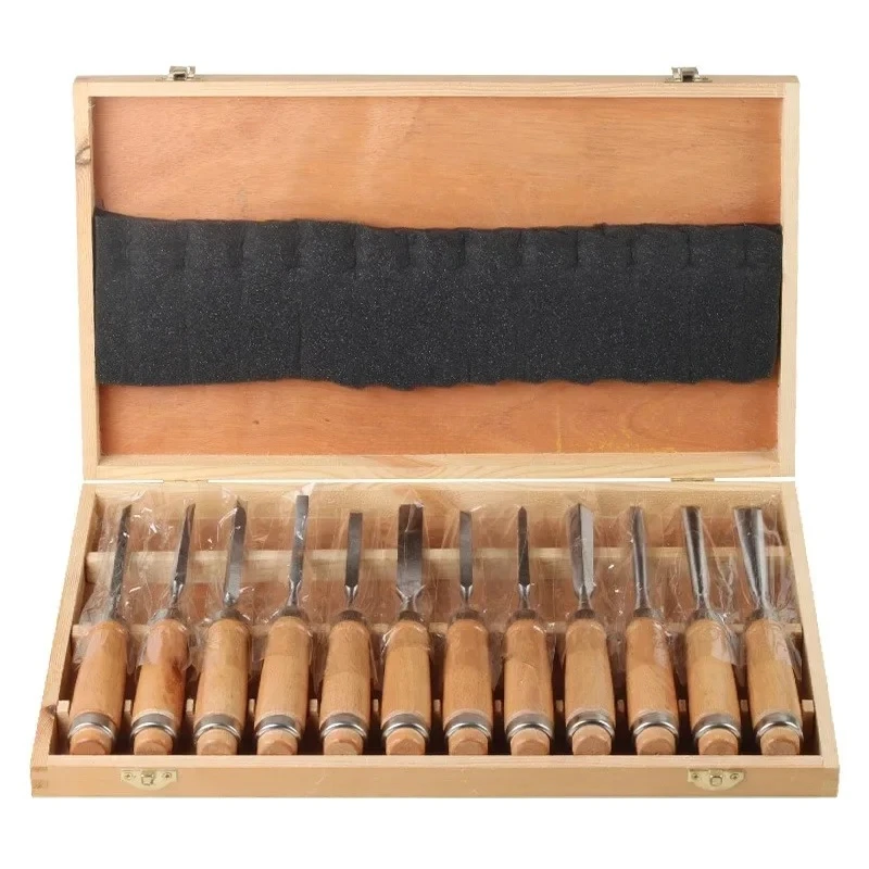 For Workshop Woodworking Carpentry Lathe Gouges Manual Tools 12Pcs Steel Solid Wood Carving Trimming Tool Hand Chisel Set 195mm