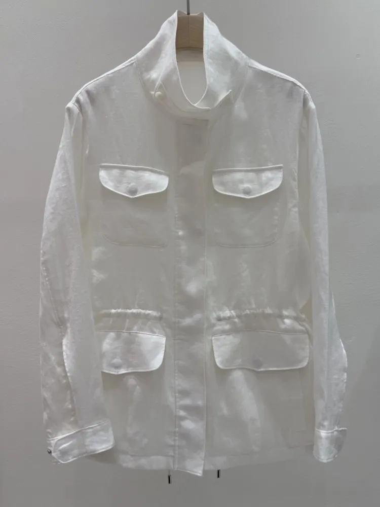 Women 100%  Linen Summer Shirt Coat Stand Collar Drawstring Waist Cargo Pockets Long Sleeve Money Style Office Casual Outerwear