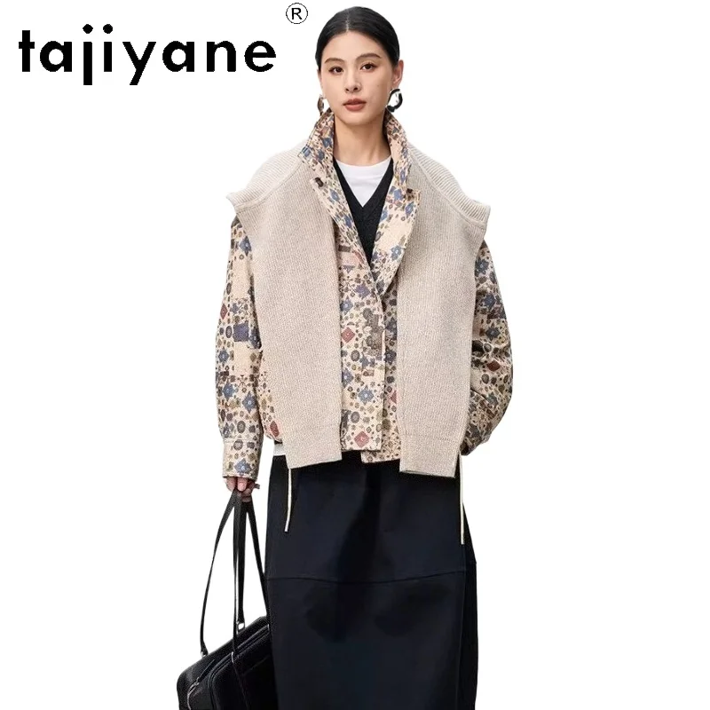 TAJIYANE シープスキン グースダウンコート レディース スタイリッシュ プリント パファージャケット ウール フード付き 本革ジャケット 2025 冬服 롱코트