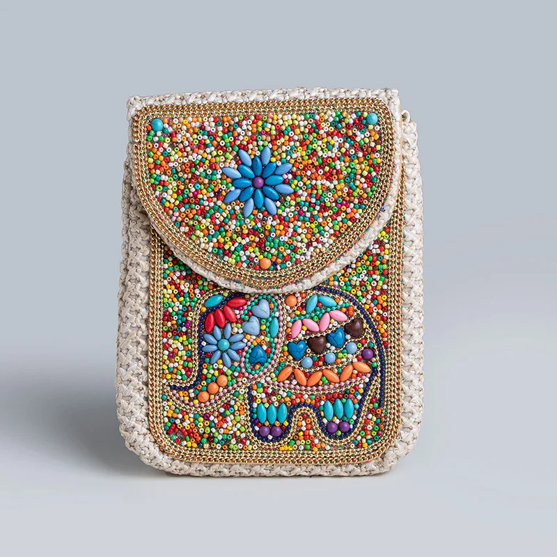 Bohemian-style bag, bead and turquoise straw woven bag, vacation portable cell phone bag, yunnan national style crossbody bag.