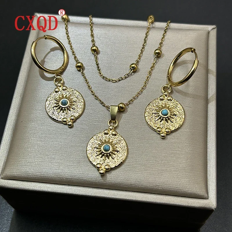Stainless Steel Turquoise Round Pendant Double-Layer Necklace Earrings Set for Women Fashion Charm Jewelry Gifts Colar Brincos