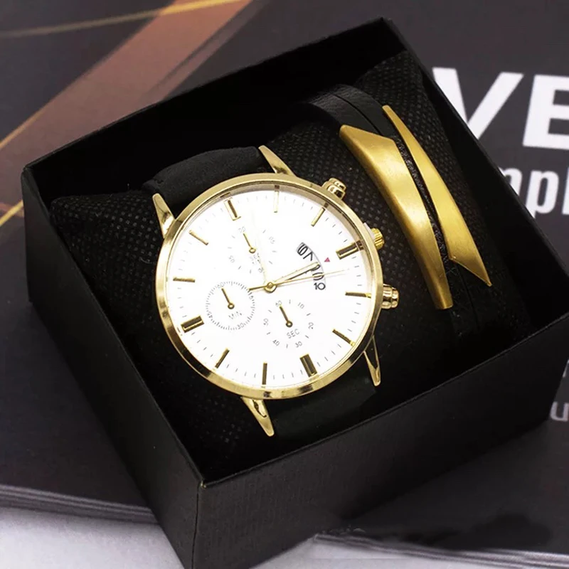 Watch and Bracelet Set for Men Fashion Leather Strap Male Clock Calendar Quartz Wrist Watch Set Gift Box for Men Drop Shipping