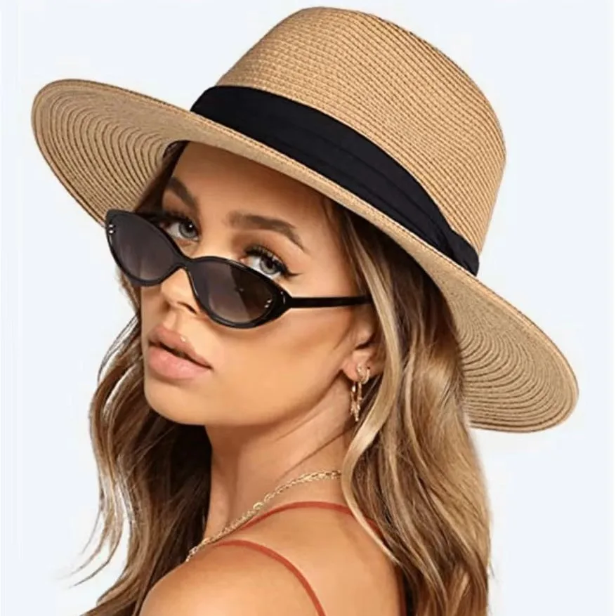 

Straw Hat for Women Men Summer Beach Sun Hat Wide-brimmed Straw Panama Women's Sun Hat Flat-brimmed Fedora