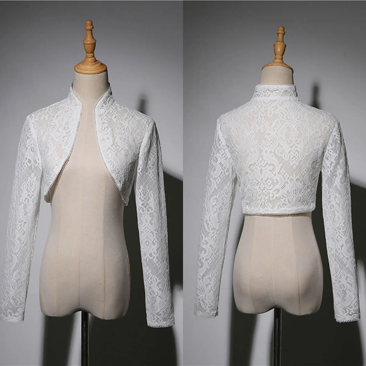 Classic Long Sleeve Wrap  Jacket  Sheer Lace High Neck Bride Jackets Short  Bridal Cloak High Quality Wedding Accessories