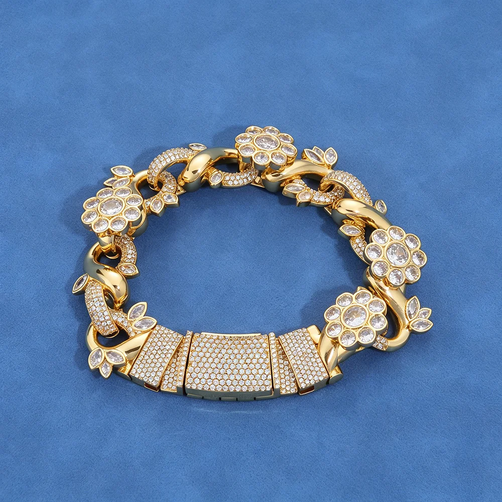 HHIOK 22MM Iced Out Flower Thick Cuban Link Bracelet Inlaid With Bling Brass Zircon Miami Hip Hop Luxury Jewelry For Men Gifts