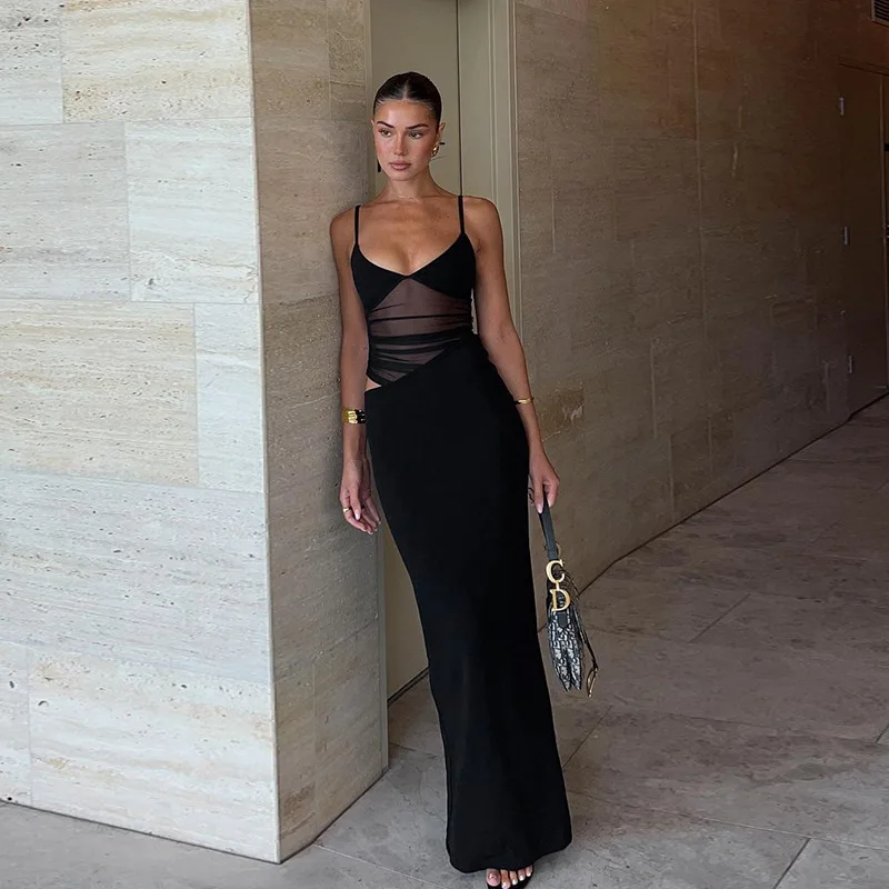 2025 جديد خمر شبكة سوداء المرقعة فساتين طويلة المرأة مثير قطع ماكسي الصيف الأبيض Nigtclub عارية الذراعين Bodycon فستان الحفلات