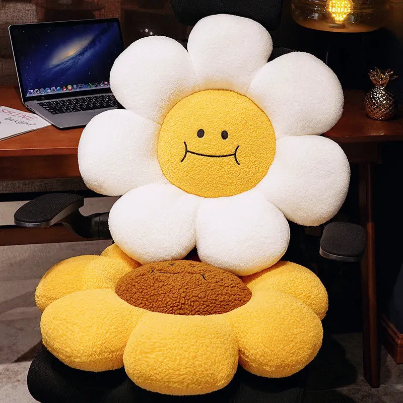 Coussin de chaise en forme de marguerite, fleur blanche douce, en peluche, avec visage souriant, tournesol, décoration de canapé de bureau, oreiller