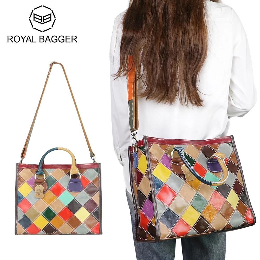 Royal Bagger Retro Top-Handle Handbags, Large Capacity Color Stitching Plaid Crossbody Bag, Leather Satchel Purse for Women 1895