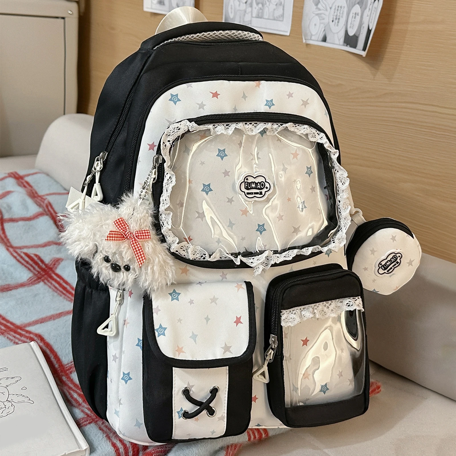 Women Nylon Cute Ita Backpack with Clear Insert Cutecore Daypack Y2K Style for Women Teens  Cosplay Concert Gifts